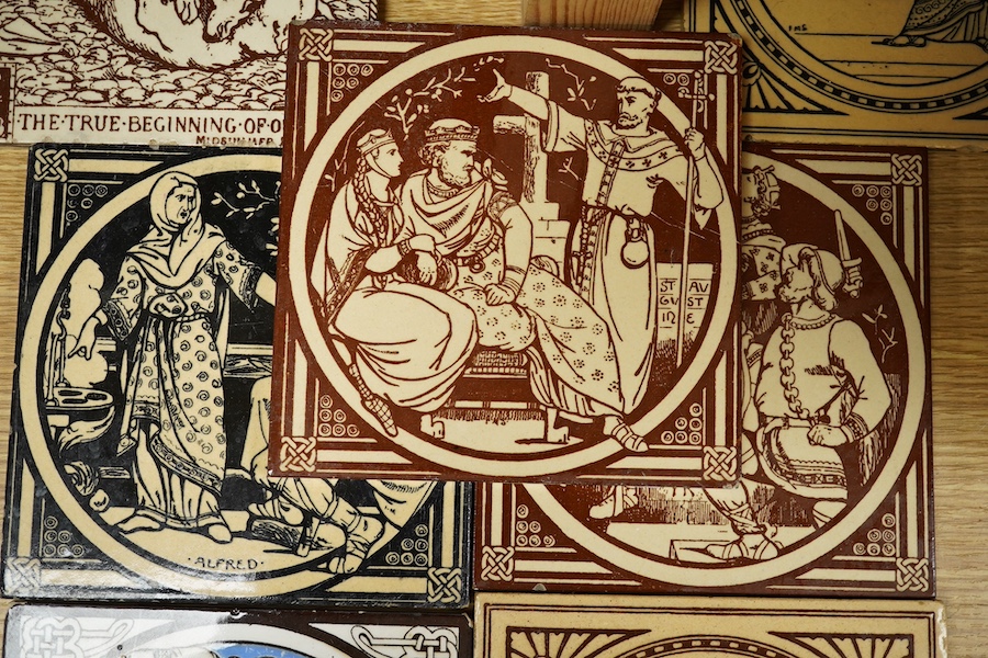 Seven Minton tiles to include ‘Stage 2 Brawling’ and ‘Edward the Martyr’, 15 x 15cm. Condition - fair/good